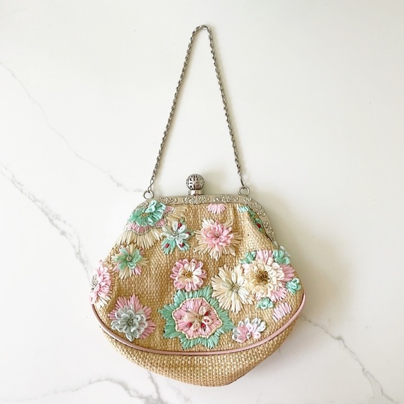 La Regale Handbags - LA REGALE vintage woven purse brown pink green silver chain